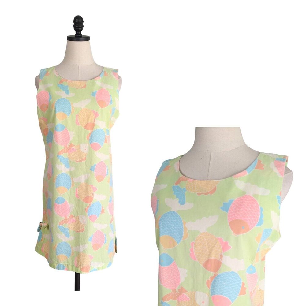 Vintage Shift Dress Fish Pastel Tropical Preppy 80S 90S Novelty Vacation Lime M
